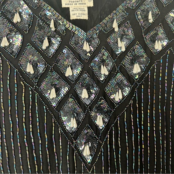 Sparkle Toronto Vintage Top Size Medium Black Beaded Silk Retro Party Night Out - Picture 3 of 8